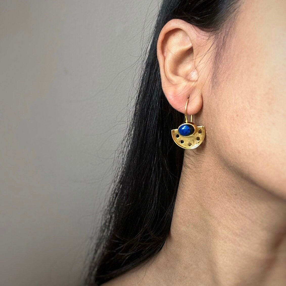 Art Deco Lapis Lazuli Fan Earrings | 18k Gold Plated | Dangle Earrings