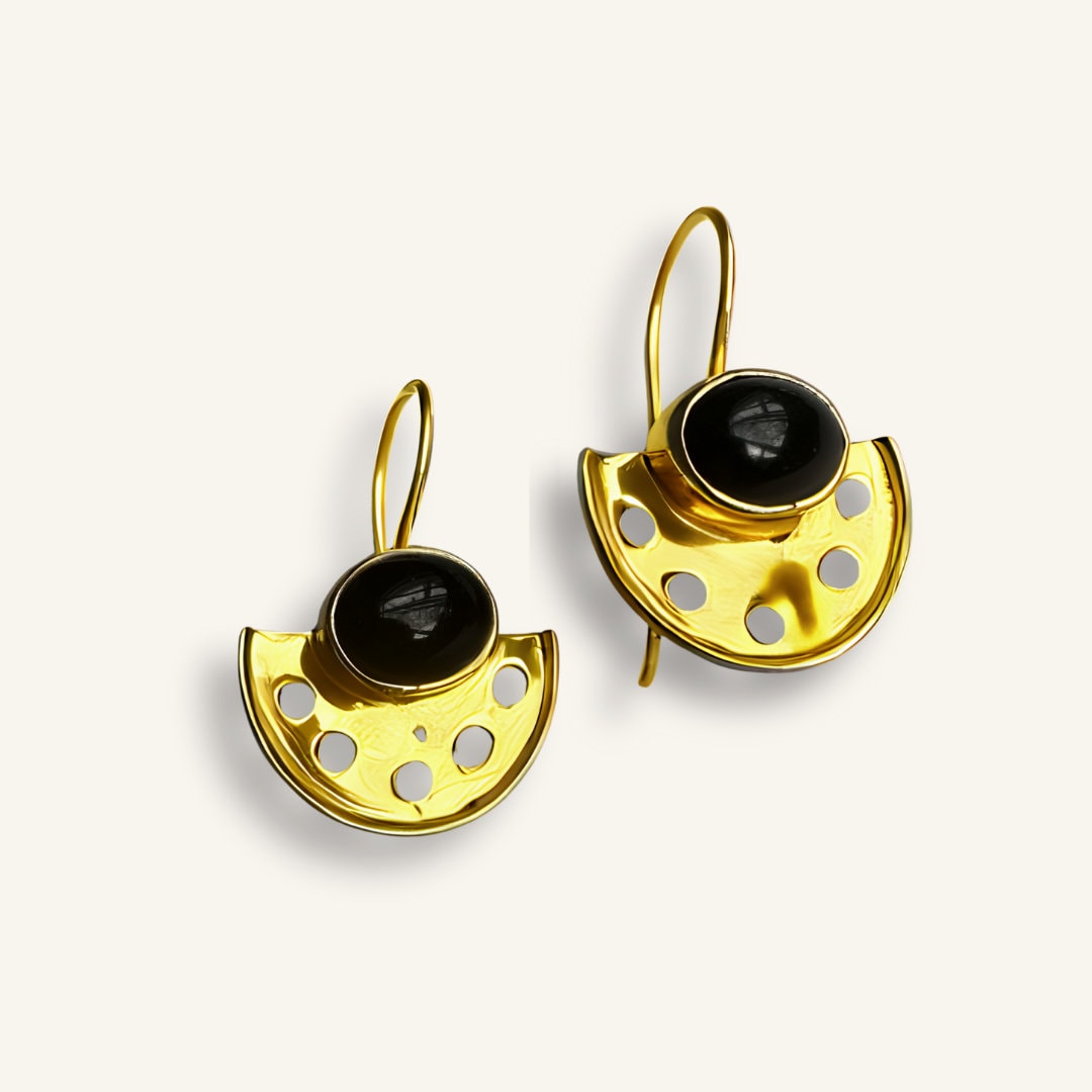 Art Deco Black Onyx Fan Earrings | 18k Gold Plated | Dangle Earrings