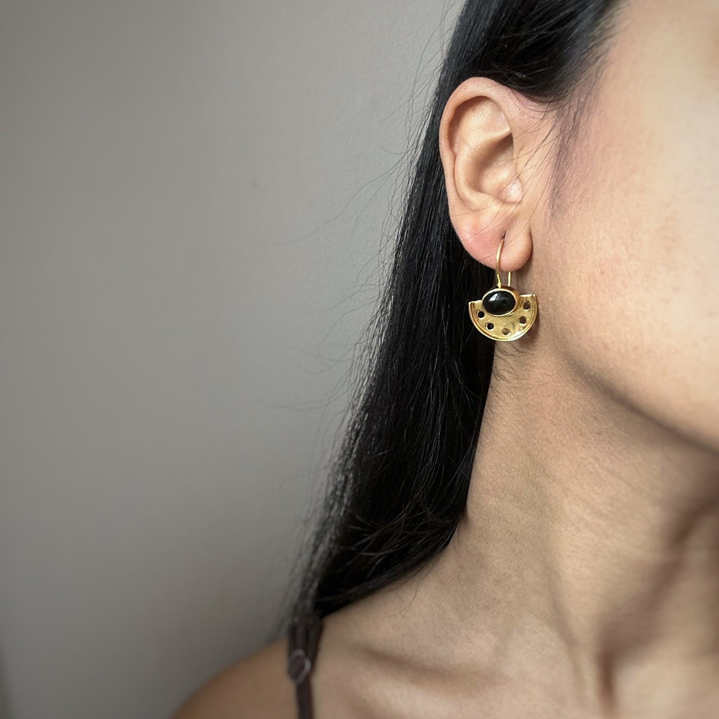 Art Deco Black Onyx Fan Earrings | 18k Gold Plated | Dangle Earrings