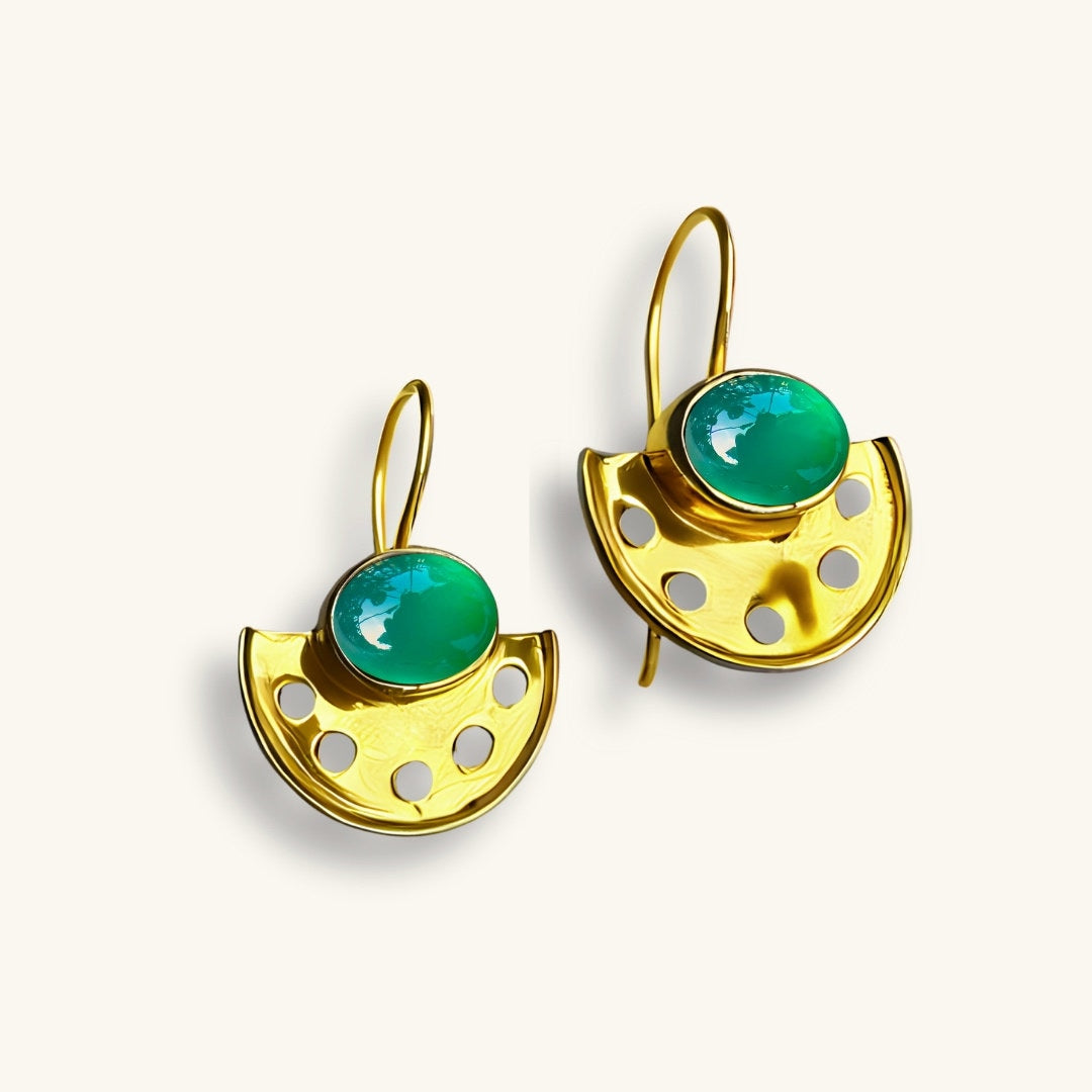 Art Deco Green Onyx Fan Earrings | 18k Gold Plated | Dangle Earrings