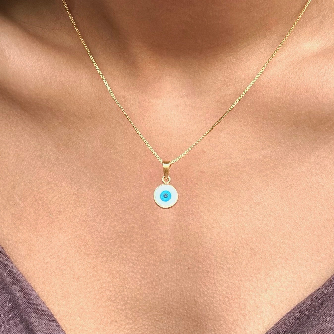 Mother Of Pearl Evil Eye Necklace | Round Pendant | 18K Gold Plated